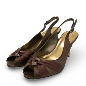 Stuart Weitzman Brown Satin Bow Slingback Kitten Heel Peep Toe Pumps 8M